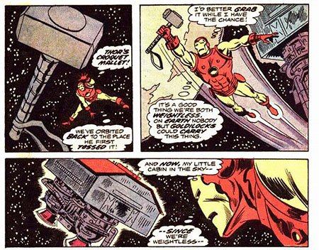 Ironman encounters Mjolnir in outer space.