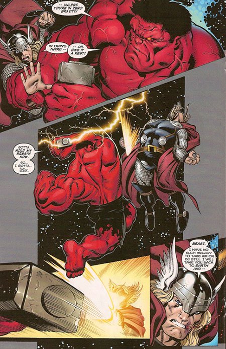 Red Hulk uses Mjolnir in space